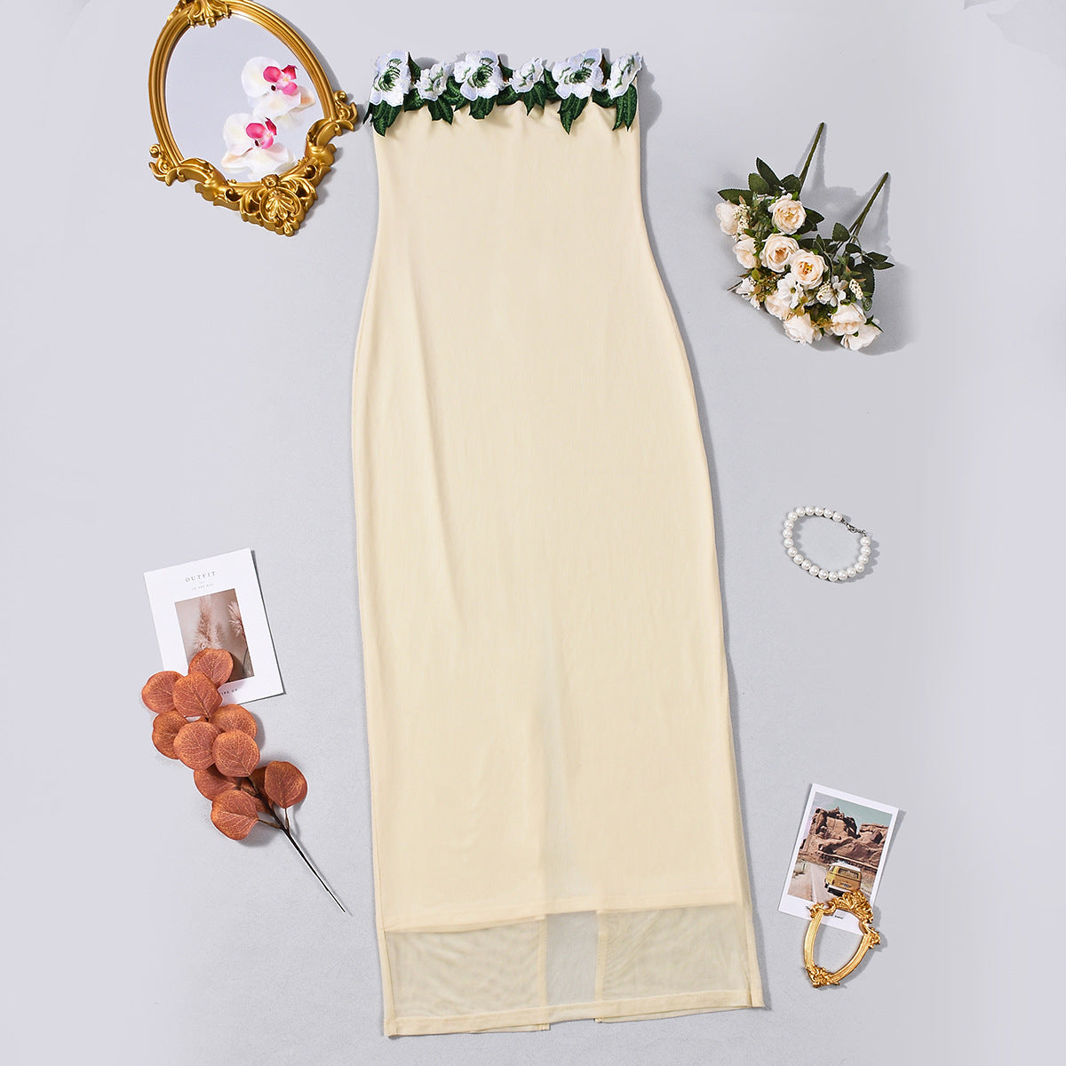 Strapless Backless Maxi Dress - 3D Floral Detail - Fashions Envy