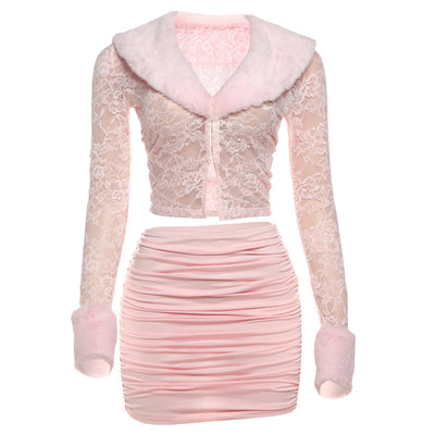 Lace Top and Pleated Skirt Set - Long Sleeve Two Piece - Fashions Envy
