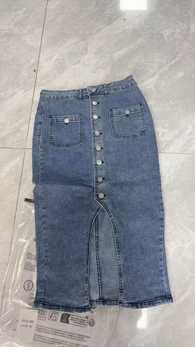 Button Front Denim Midi Skirt - Bodycon Fit Front Slit Patch Pockets