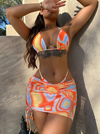Women's Orange Fission Three-piece Bikini Swimsuit with Mini Skirt Cover Up