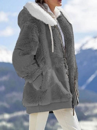 Warm Plush Hooded Jacket -  Long Sleeves With Zippered Pockets