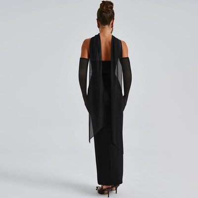 Scarf Tie Strapless Maxi Dress - Column Gown with Mesh Gloves