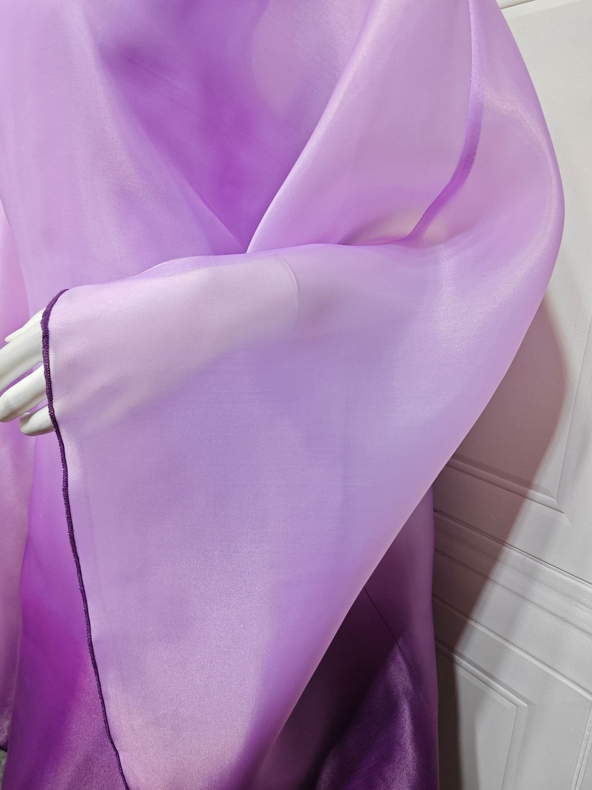 Ombre satin maxi dress with sheer draped batwing sleeves, purple-lavender ombre