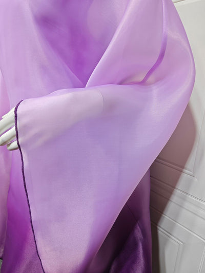 Ombre satin maxi dress with sheer draped batwing sleeves, purple-lavender ombre