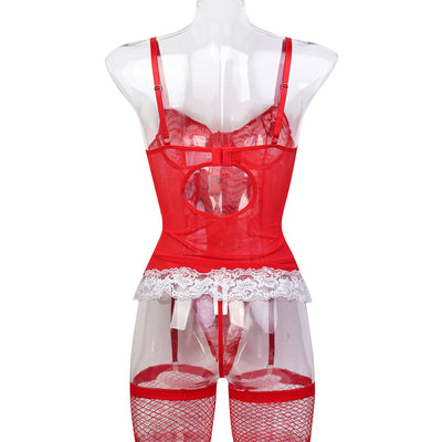 Red lace babydoll lingerie with white lace trim, garter straps, and matching thong