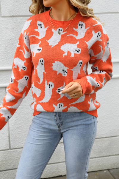 Halloween Ghost Sweater - Ribbed Crewneck Knit Pullover