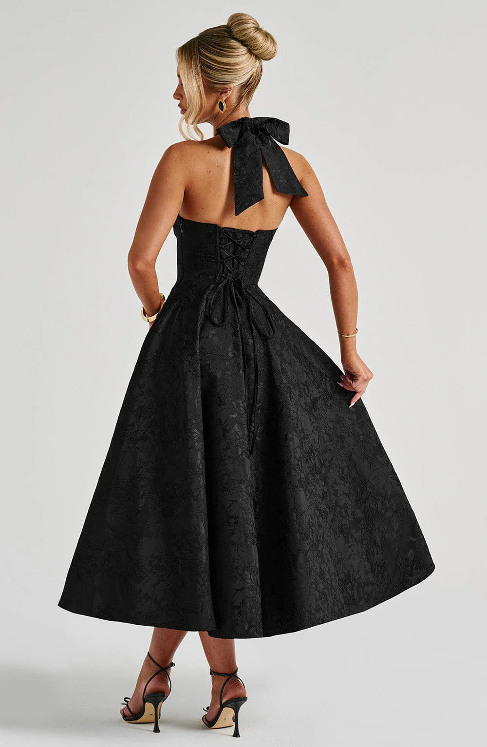 Jacquard Halter Midi Dress - Deep V Corset Waist A-Line Skirt