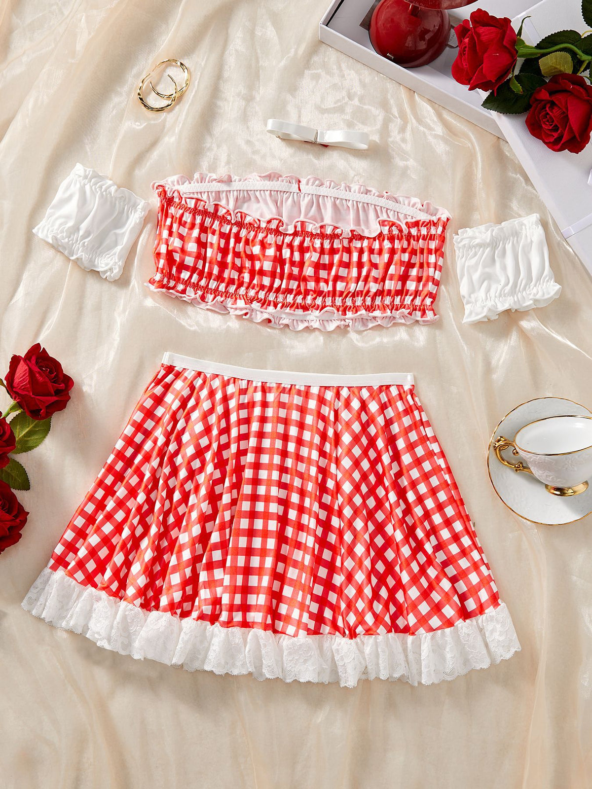 Red Gingham Maid Lingerie - Ruffled Crop Top And Skirt