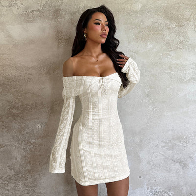Off Shoulder Backless Lace Dress - Long Sleeve Mini Apricot - Fashions Envy