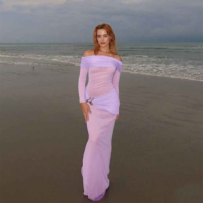 Off Shoulder Mesh Maxi Dress - Long Sleeve Bodycon Gown