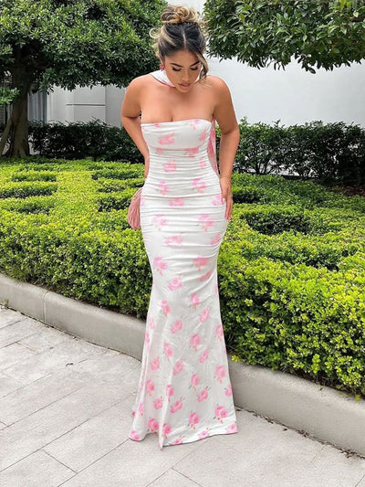 Strapless Ribbon-Trimmed Formal Gown - Fitted Sheath Dress