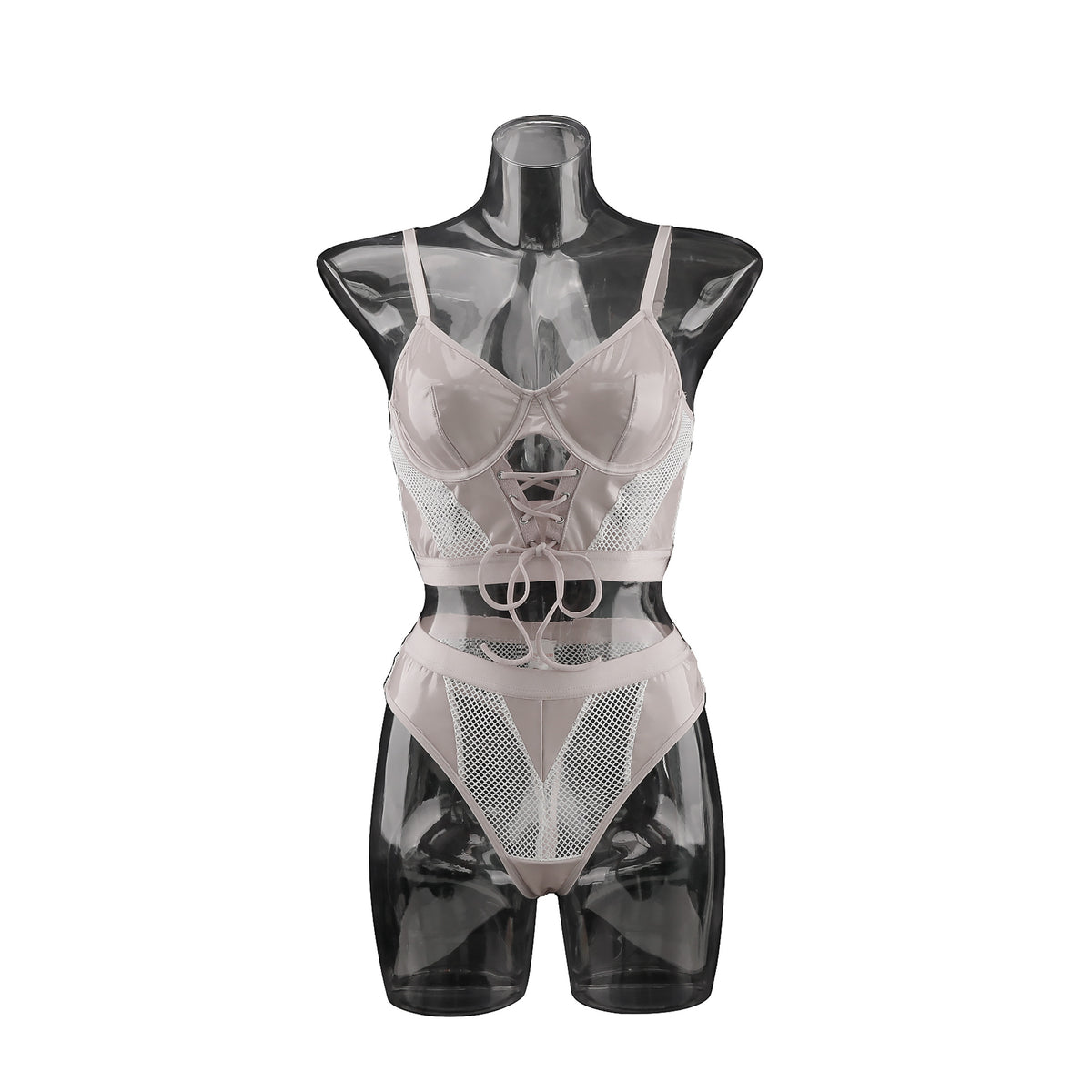 Sheer Mesh Lingerie Set - Glossy Panels And Lace-Up Front
