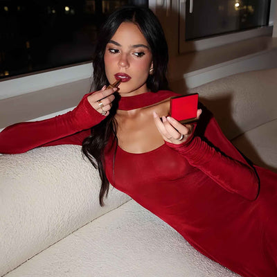 Elegant Red Low-Cut Bodycon Dress - Collarless Bodycon Gown
