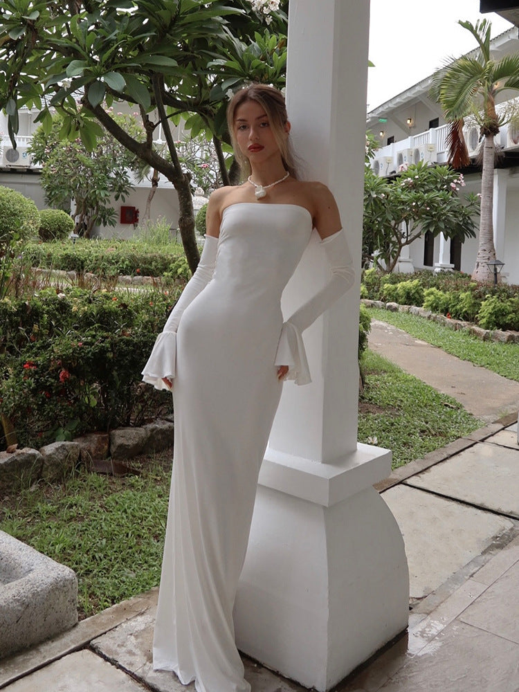 Mermaid Evening Dress - Off-Shoulder Long Sleeve Gown - Fashions Envy