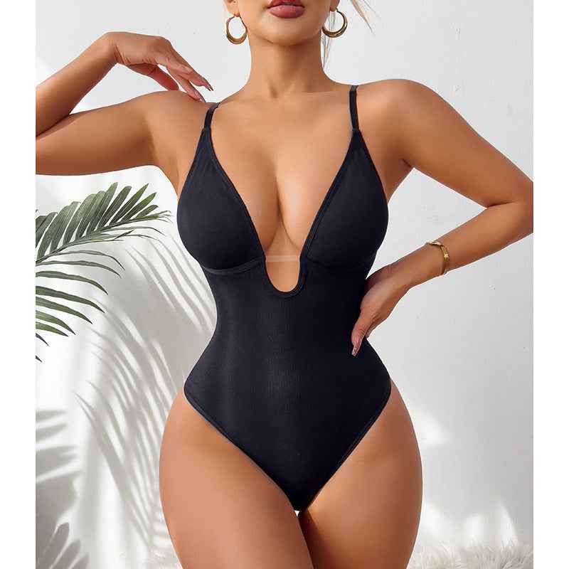Deep V-Neck Thong Bodysuit - Tummy Control Shapewear