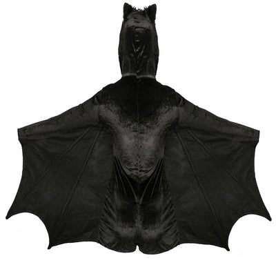 Black bat hooded cape coat with faux fur detail, back view