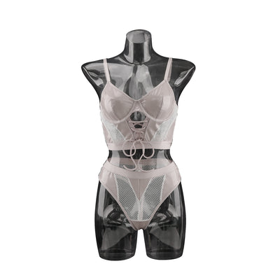 Sheer Mesh Lingerie Set - Glossy Panels And Lace-Up Front