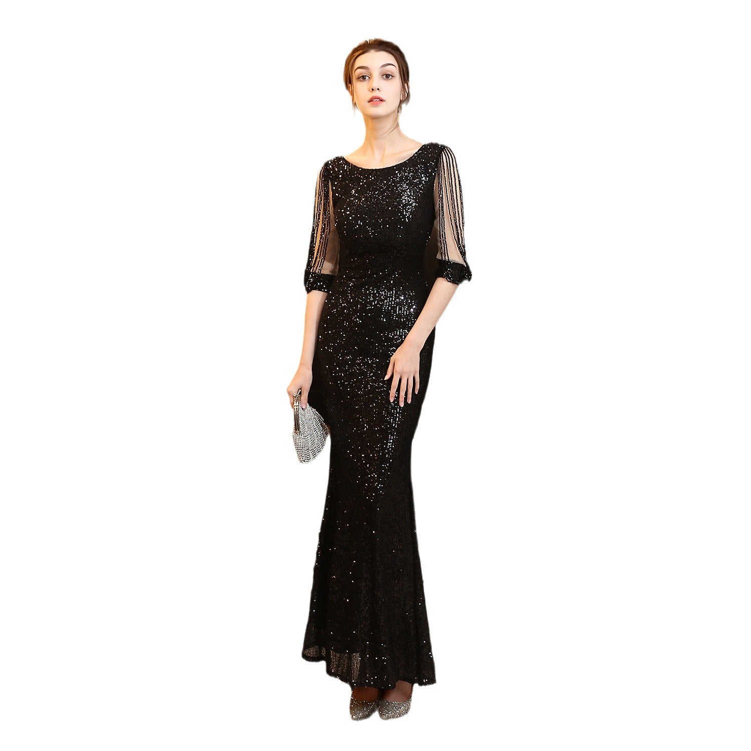 Long O-Neck Prom Dress - Sequin Party Gown
