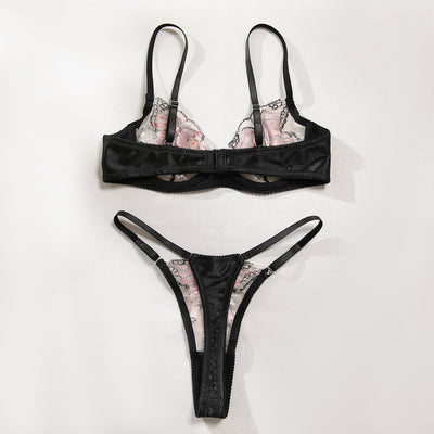 Black Butterfly Embroidery Mesh Bra and Thong Set