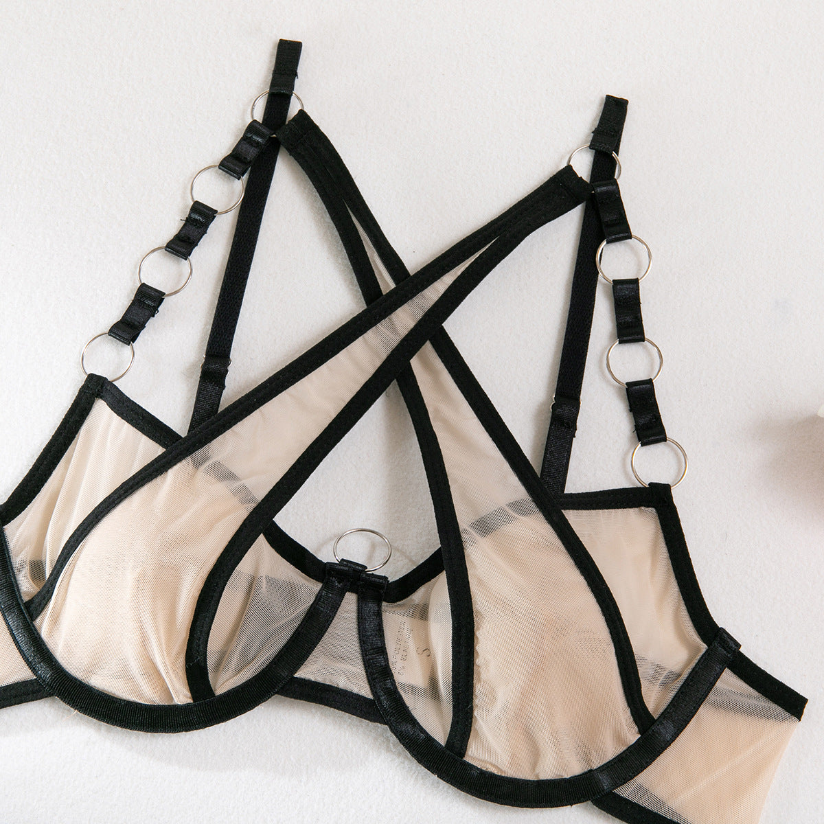 Mesh Garter Lingerie Set - Cross Straps And Ring Details