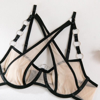 Mesh Garter Lingerie Set - Cross Straps And Ring Details