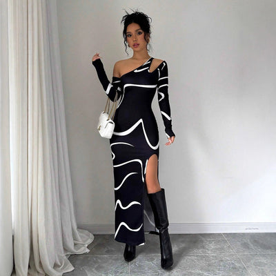 One-shoulder Bodycon Maxi Dress - Graffiti Print Asymmetric