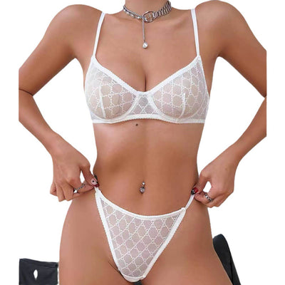 Monogram Mesh Underwire Bra and Thong Set - Sheer Two-Piece