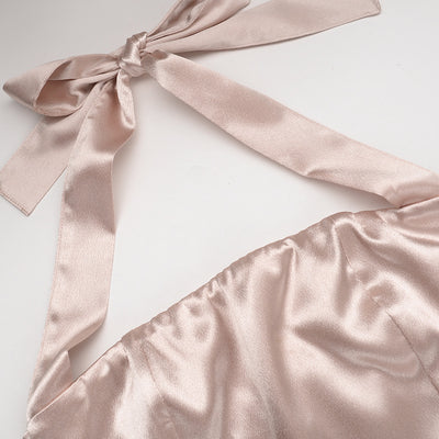 Champagne Satin Halter Maxi Dress - Cutout Waist Ruched Slit Mermaid Gown
