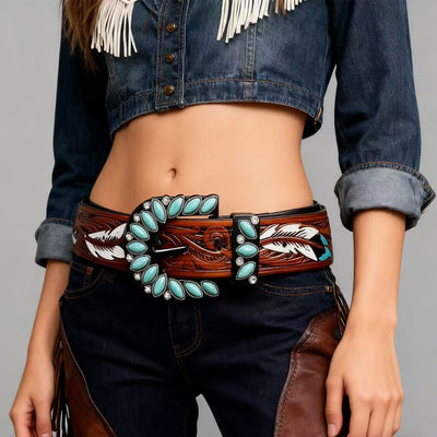 Western feather belt with turquoise oval stones, engraved buckle, and white feather prints