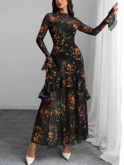 Floral Print Flounce Sleeve Mermaid Maxi Dress