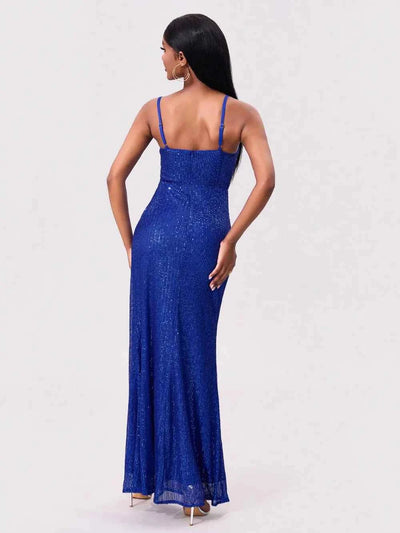 Royal Blue Sequin Maxi Dress - Square Neck Spaghetti Strap