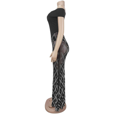 Black Off-Shoulder Sequin Mesh Maxi Gown - Diamond Lattice Crystal Skirt