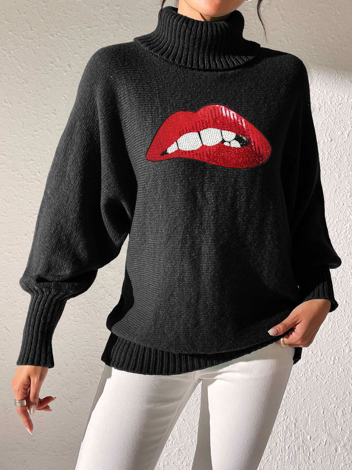 Lip Turtleneck Long Sleeve Sweater - Fashions Envy