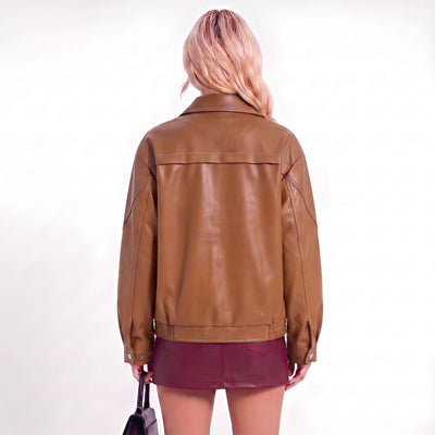 Oversized faux leather jacket in camel brown with contrast seams, back view, snap front