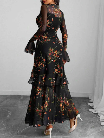 Floral Print Flounce Sleeve Mermaid Maxi Dress