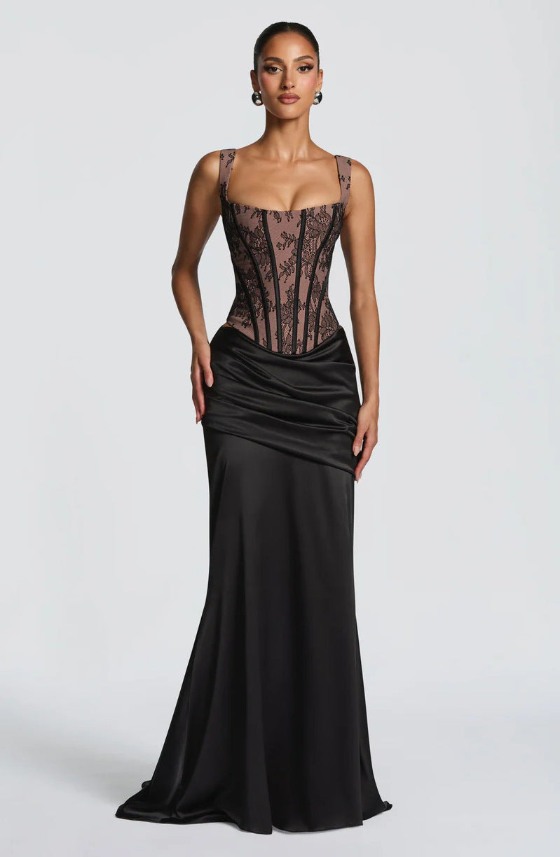 Lace Corset Top and Maxi Skirt Set - Ruched Satin-Look Finish