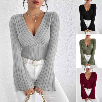 Ribbed V-Neck Top - Flared Sleeve Elegant Fit - Fashions Envy