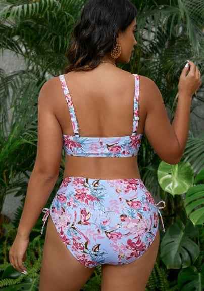 Purple Floral Plus Size Bikini - Halter Tie Neck High Waist