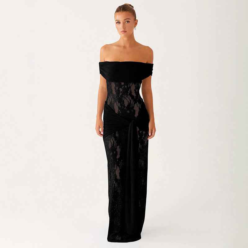 Sexy Sheer Mesh And Lace Off-Shoulder Dress For Women