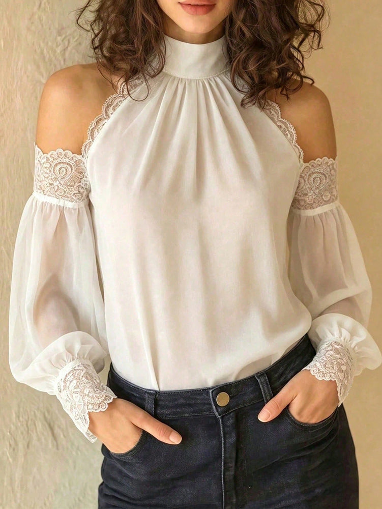 Lace-Trim Cold-Shoulder Blouse - Sheer Balloon Sleeves