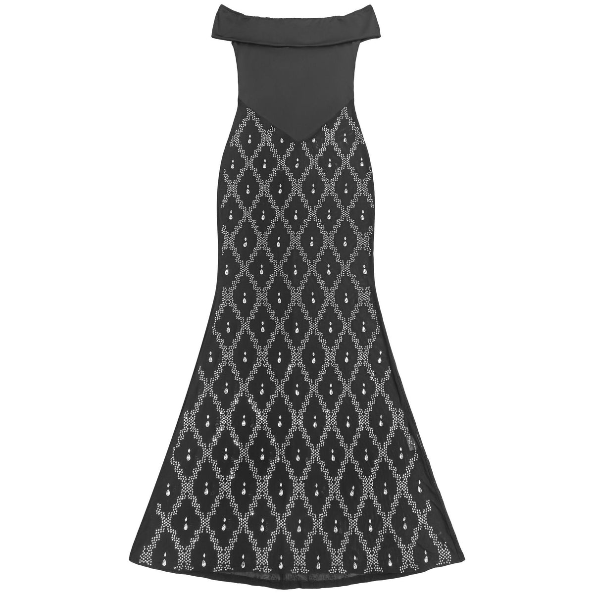 Black Off-Shoulder Sequin Mesh Maxi Gown - Diamond Lattice Crystal Skirt