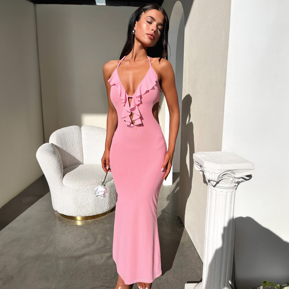 Women's Ruffled V Neck Halter Maxi Dress - Slim Fit Sling - Fashions Envy