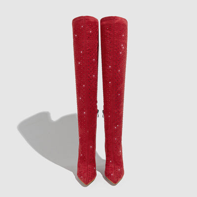 Red over-the-knee stiletto boots with sparkly finish, front view pair