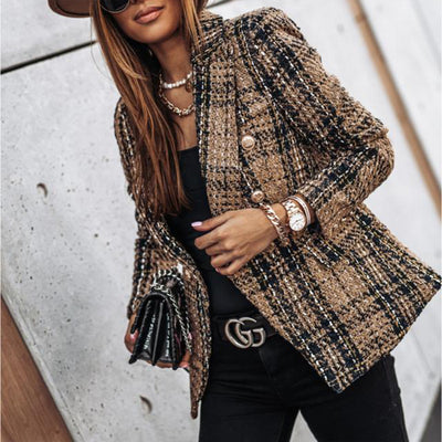 Elegant Checkered Long Sleeve Blazer - Double-Breasted Printed Coat