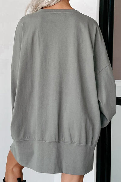 Sequin Letter Graphic Notched Long Sleeve Sweatshirt - Fashions Envy
