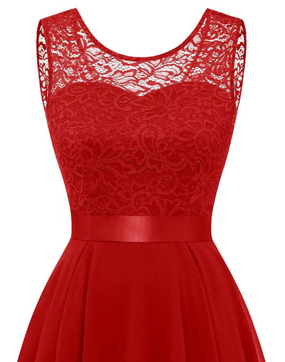 Red sleeveless lace patchwork chiffon A-line dress with scalloped neckline