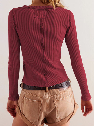 Ribbed Button-up Round Neck Long Sleeve Top