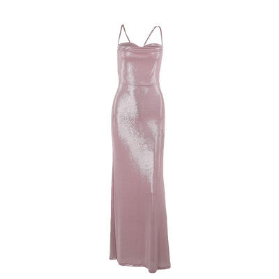Pink satin slip camisole dress with spaghetti straps, fitted maxi length