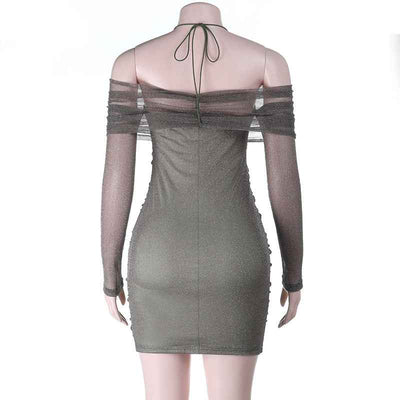 Sexy Sequin Pleated Mini - Off-Shoulder Tied Bodycon Dress