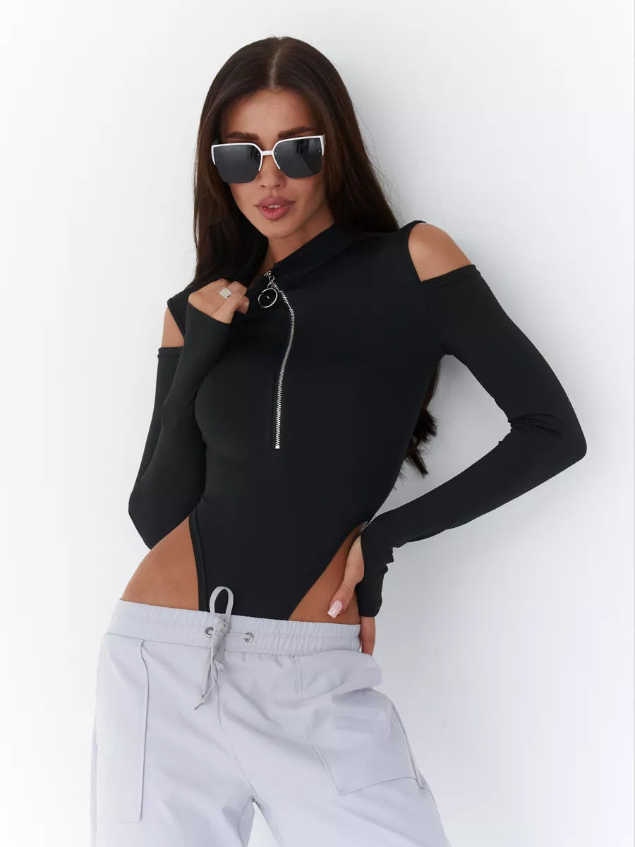Black cold-shoulder bodysuit with long sleeves, front zip, cutout shoulders